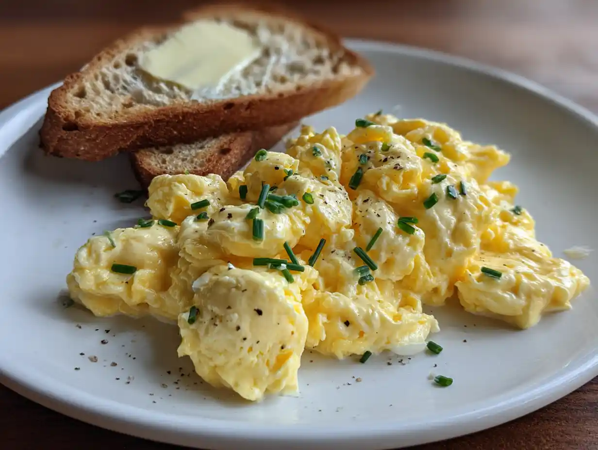 äggröra creme fraiche serverad på tallrik med gräslök och rostat bröd