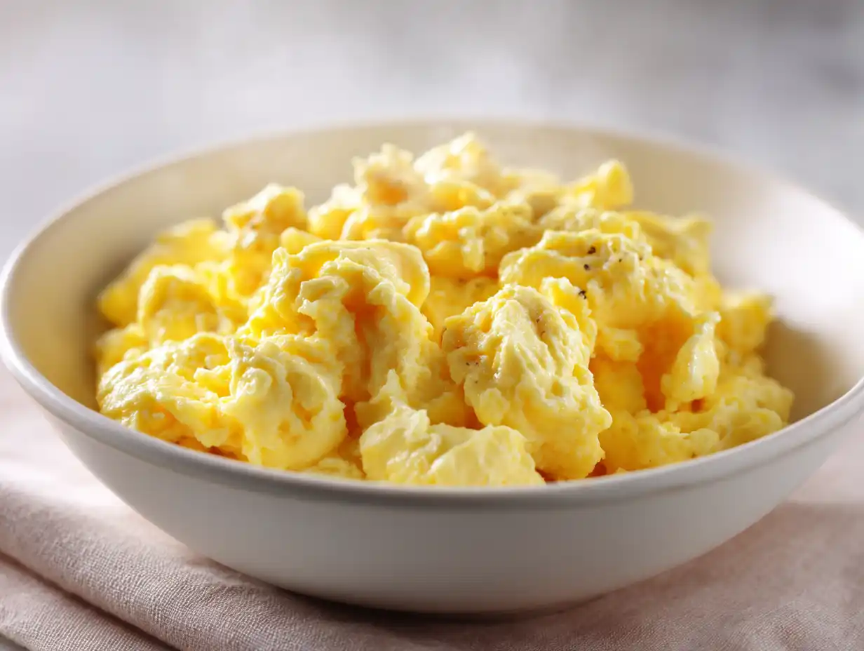 Äggröra i micro som är krämig och mjuk i en skål, toppad med gräslök och lite svartpeppar.