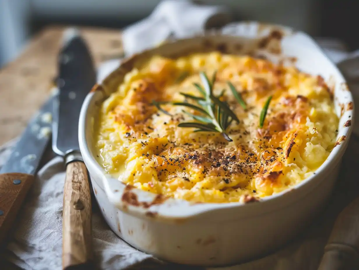 krämig äggröra i ugn serverad direkt från ugnsform