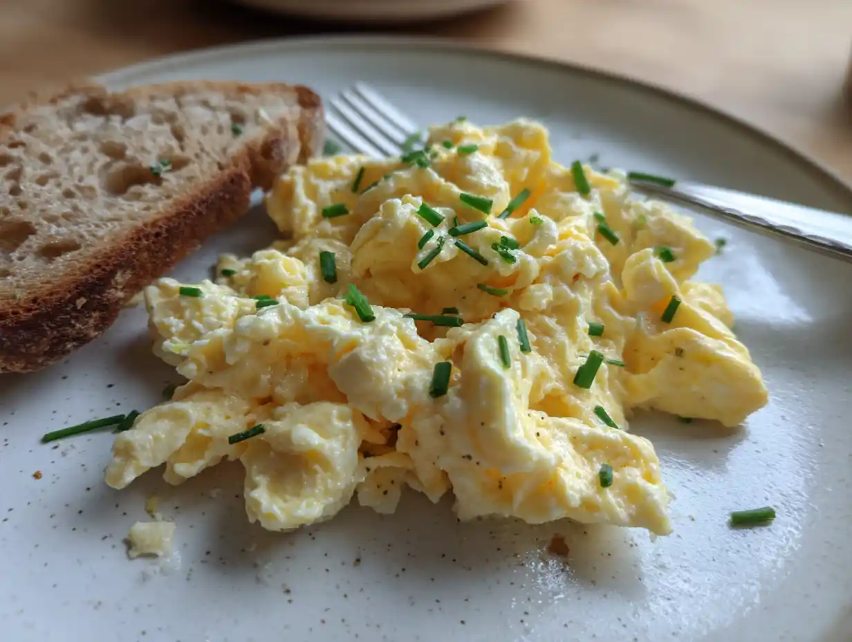 Äggröra recept 1 portion serverad på en tallrik med smör och gräslök, hemlagad frukost