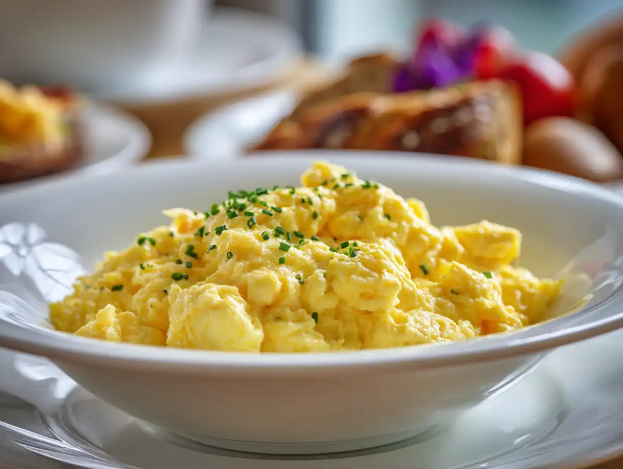 Äggröra som på hotell med stora krämiga flagor serverad i skål med färska örter ovanpå.