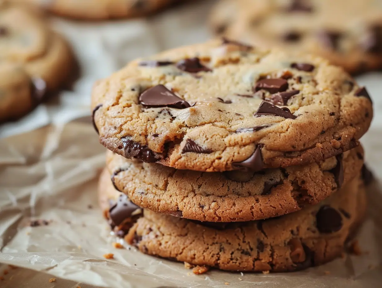 Nybakade amerikanska cookies med mörk choklad och flingsalt, staplade på ett galler.