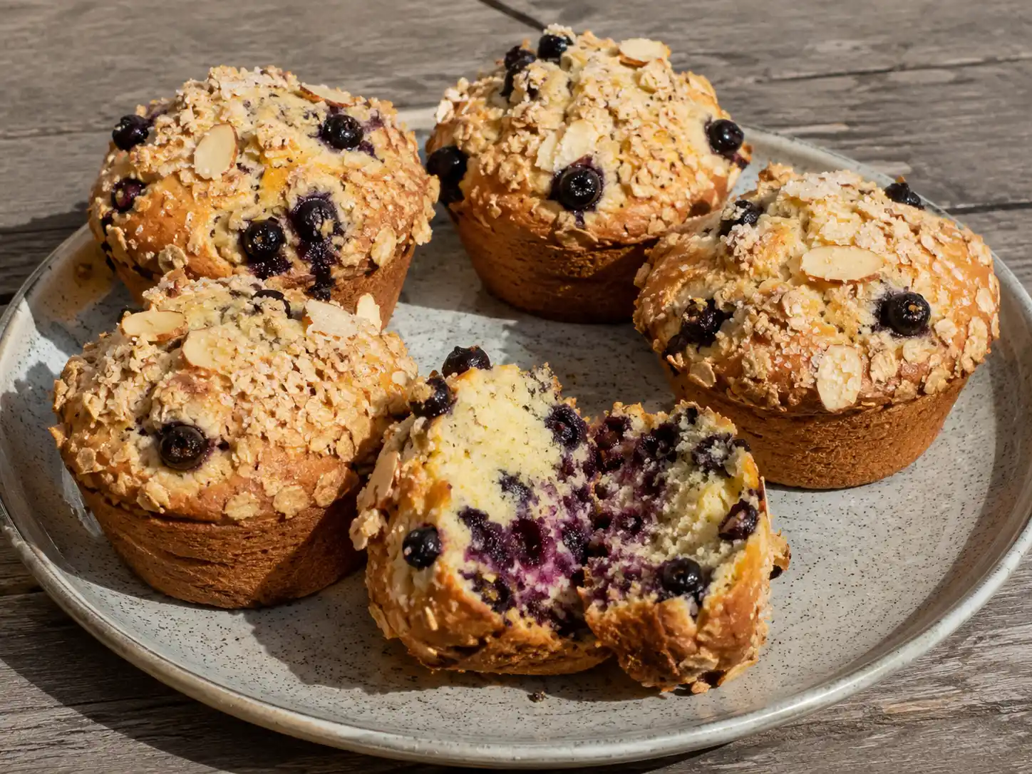 amerikanska muffins med blåbär, gyllene toppar och smulig yta i stora pappersformar på tallrik