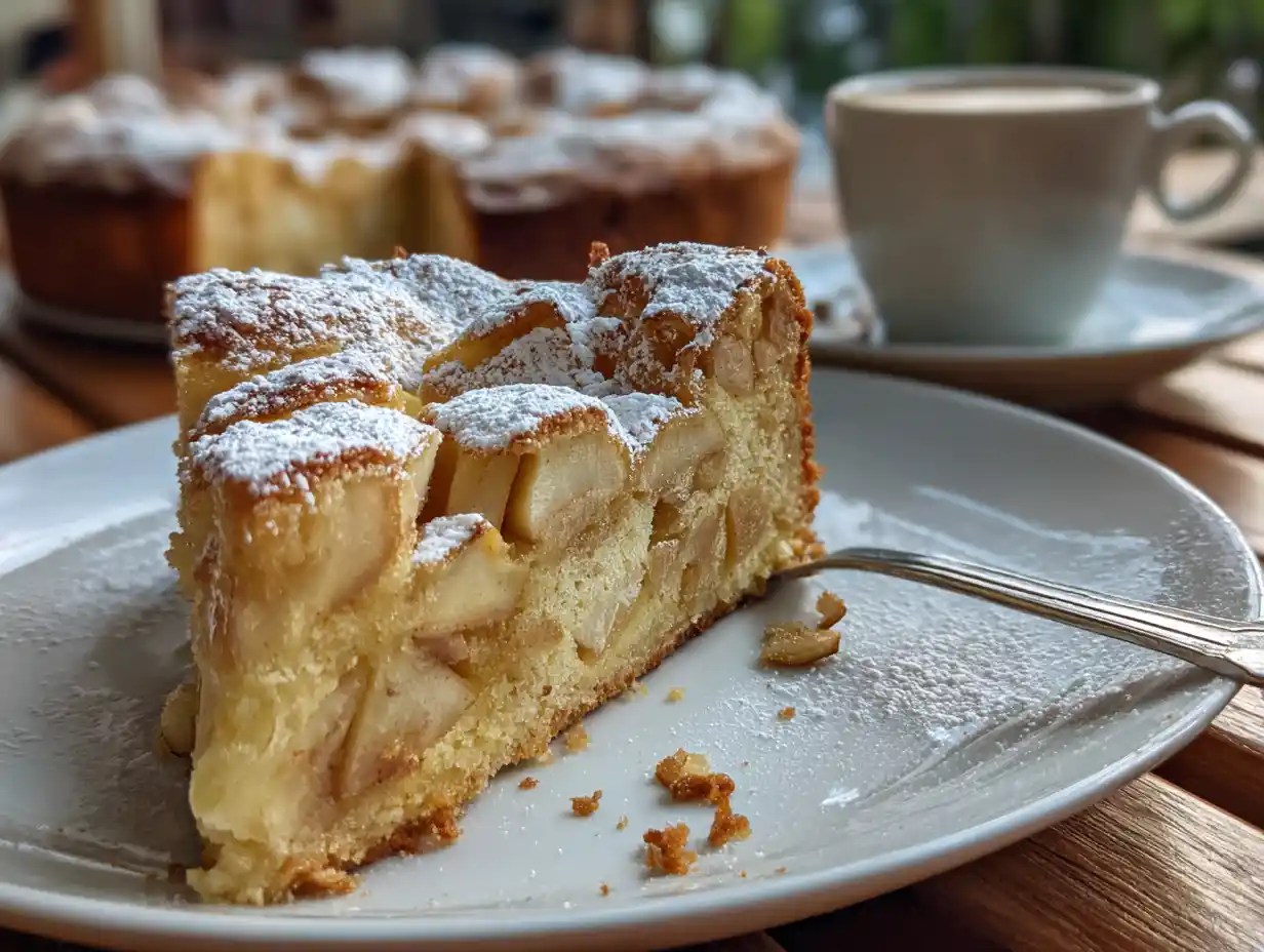 Äppelkaka recept serverad på vit tallrik med florsocker och kanel, saftig och gyllenbrun