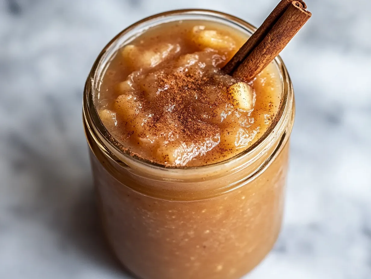 Hemgjort äppelmos med kanel i en glasburk med en kanelstång bredvid på en linneduk.