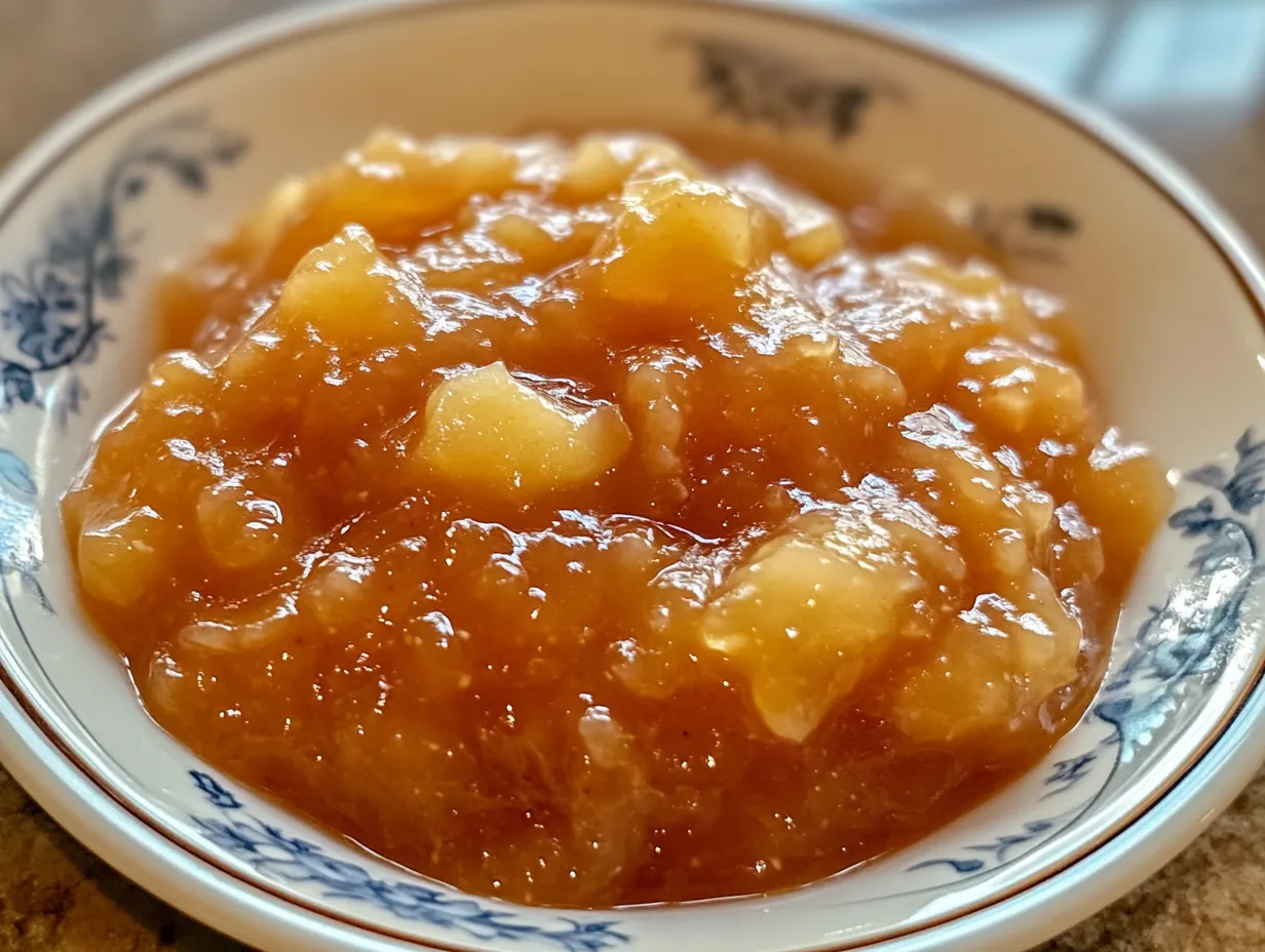 Äppelmos med syltsocker i en glasburk med en gyllene och fast konsistens, fotat i varmt ljus.