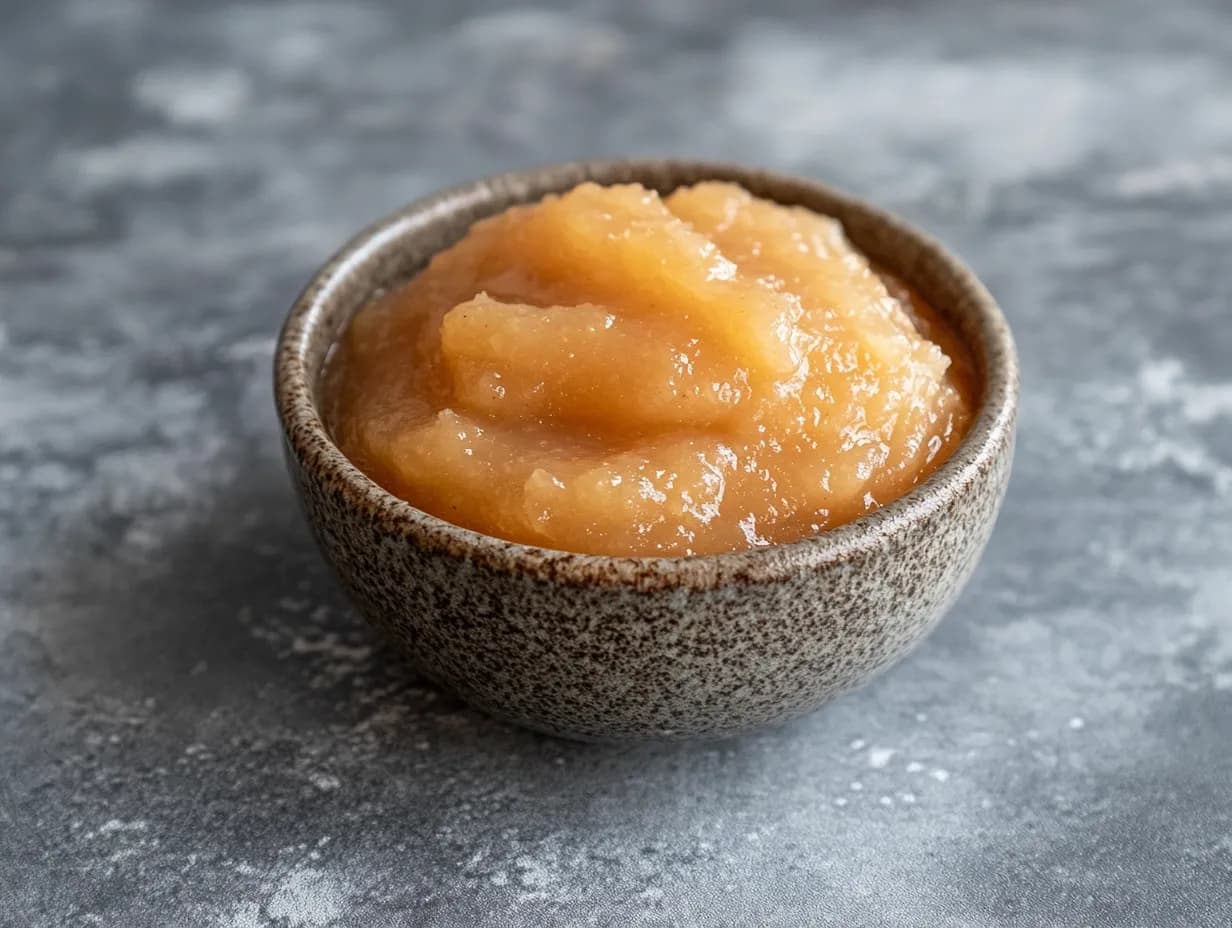 Äppelmos utan socker i en ren glasburk placerad på en linneduk med skivade äpplen runtom.