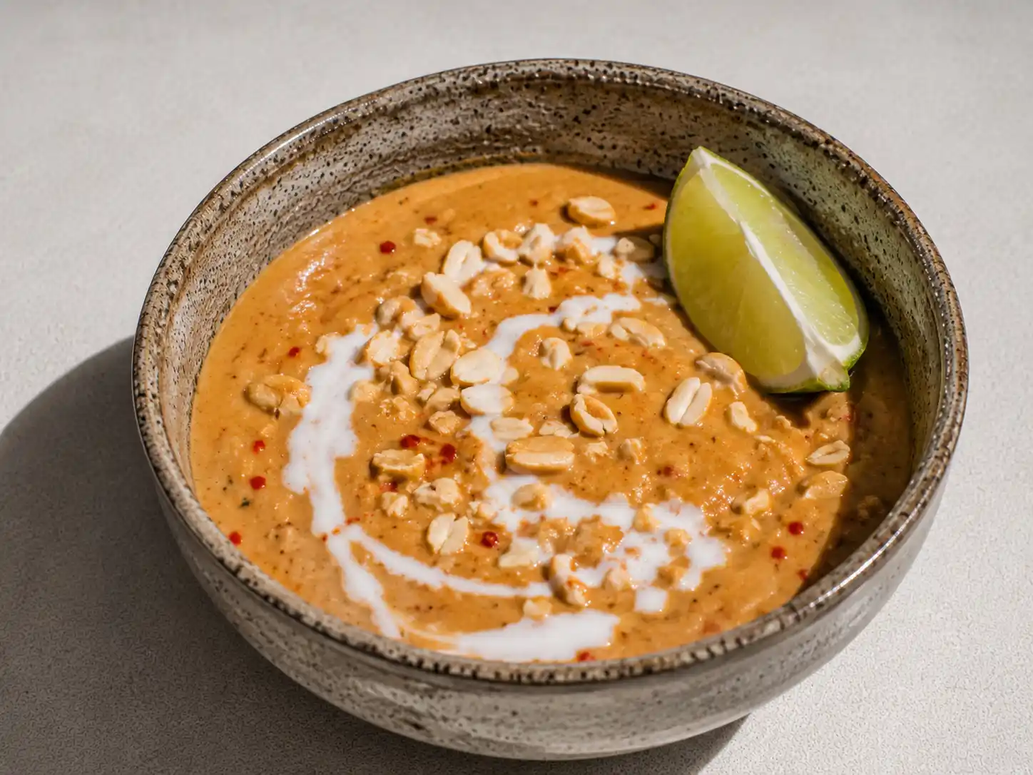 asiatisk jordnötssås recept i skål med krämig yta, jordnötter, lime och lite chili bredvid