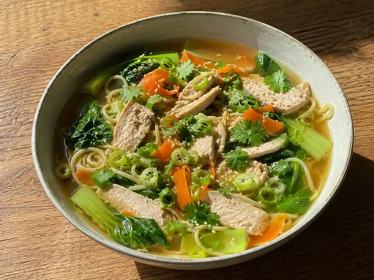Asiatisk kycklingsoppa med nudlar, morot, salladslök, koriander och lime i en djup skål