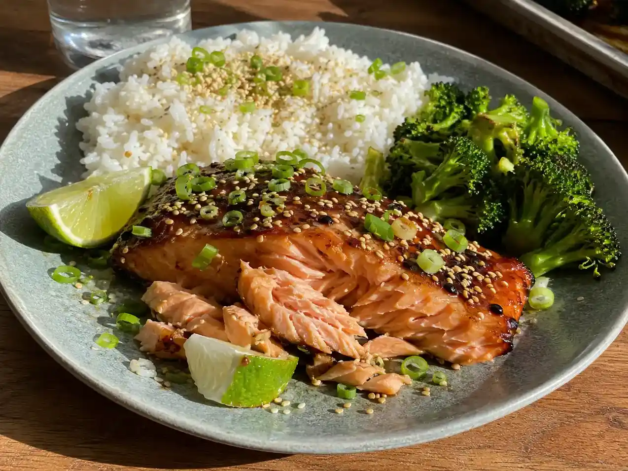 asiatisk lax i ugn med blank sojaglaze, sesamfrön, salladslök och lime på ett enkelt fat