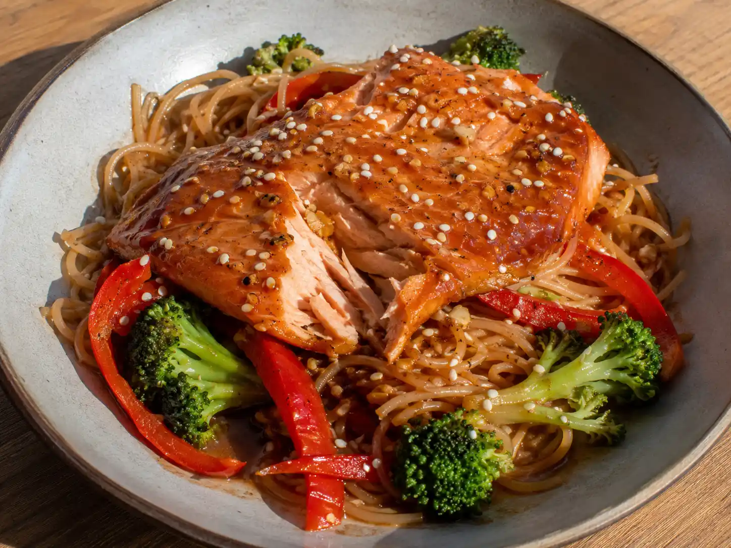 asiatisk lax med nudlar i skål med blank sojasås, stekt lax, grönsaker och sesam på toppen