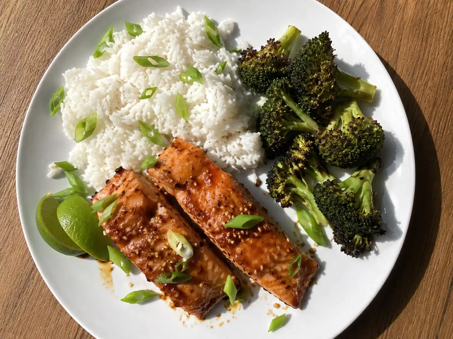 asiatisk lax med blank sojaglaze, sesamfrön, salladslök och lime på tallrik med ris