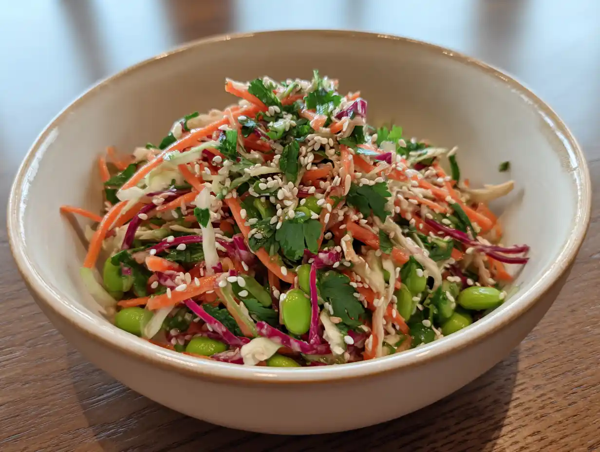 Asiatisk sallad i stor skål med glasnudlar, rödkål, mango, sesamfrön och lime, naturligt ljus