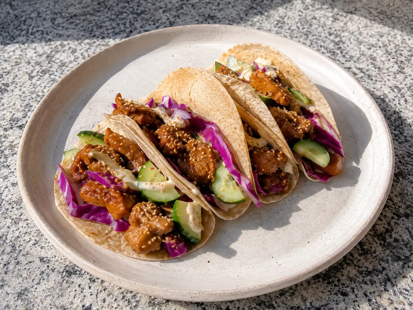 asiatisk tacos med krispig kyckling, gurka, rödkål och lime-majo på mjuka tortillas
