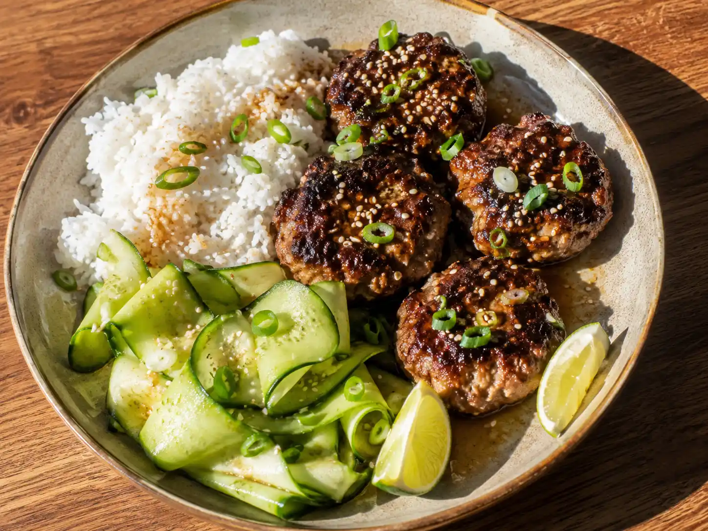 asiatiska biffar med blank sojasås, sesamfrön, gurka och ris på en enkel tallrik