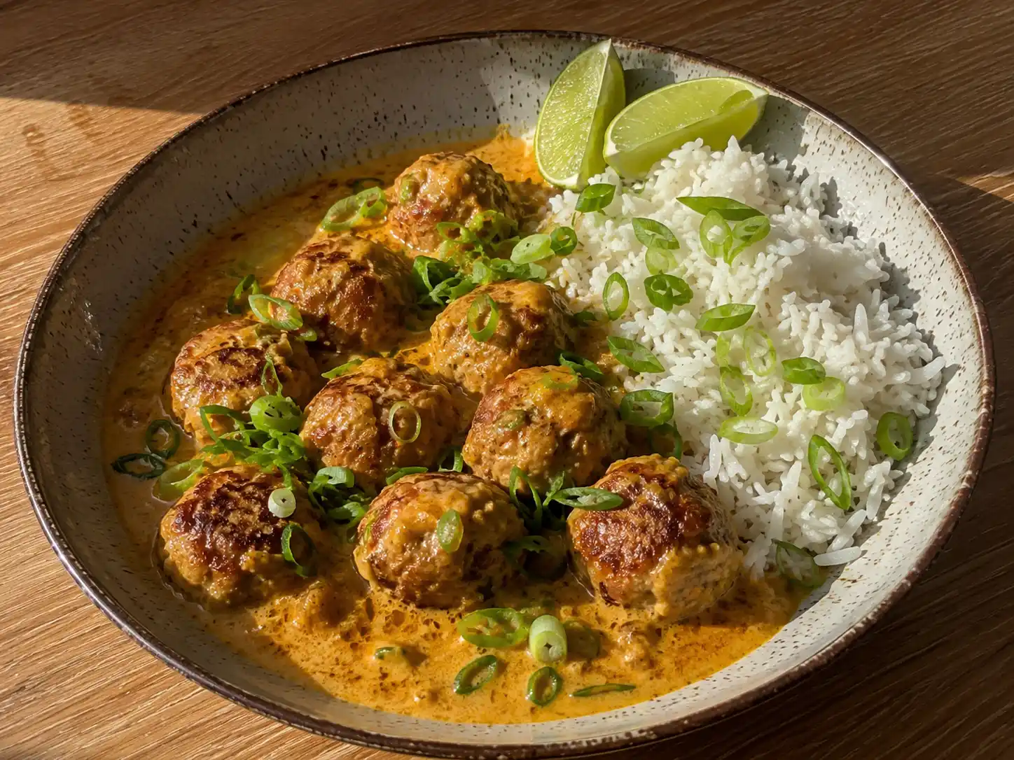 asiatiska kycklingköttbullar i krämig kokossås med ris, lime och salladslök på tallrik