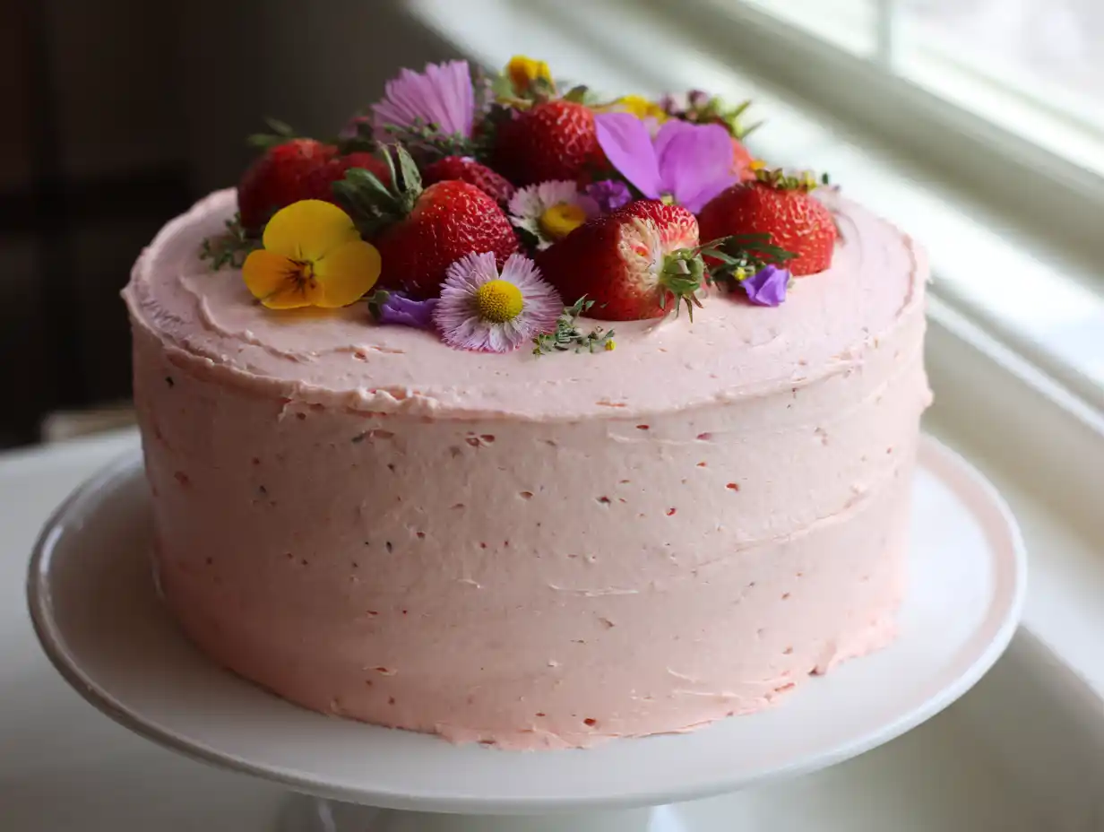 Baby shower tårta med rosa smörkräm, vita pärlor och färska bär på toppen, hemlagad stil