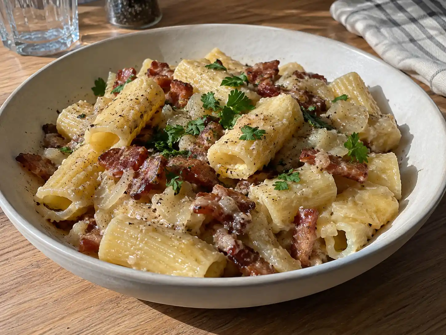 baconsås pasta med krämig gräddsås, knaprigt bacon, svartpeppar och hackad persilja på tallrik