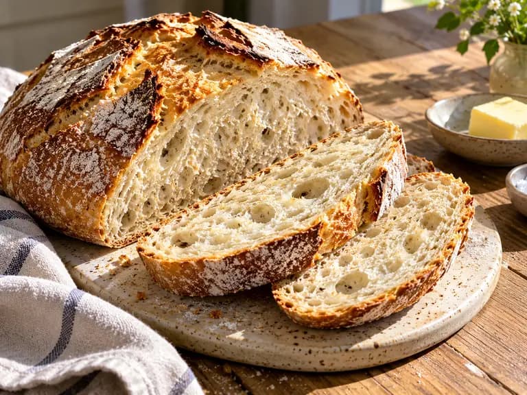 baka bröd med gyllene skorpa och tydlig hembakad struktur serverat på ett enkelt ljust keramikfat