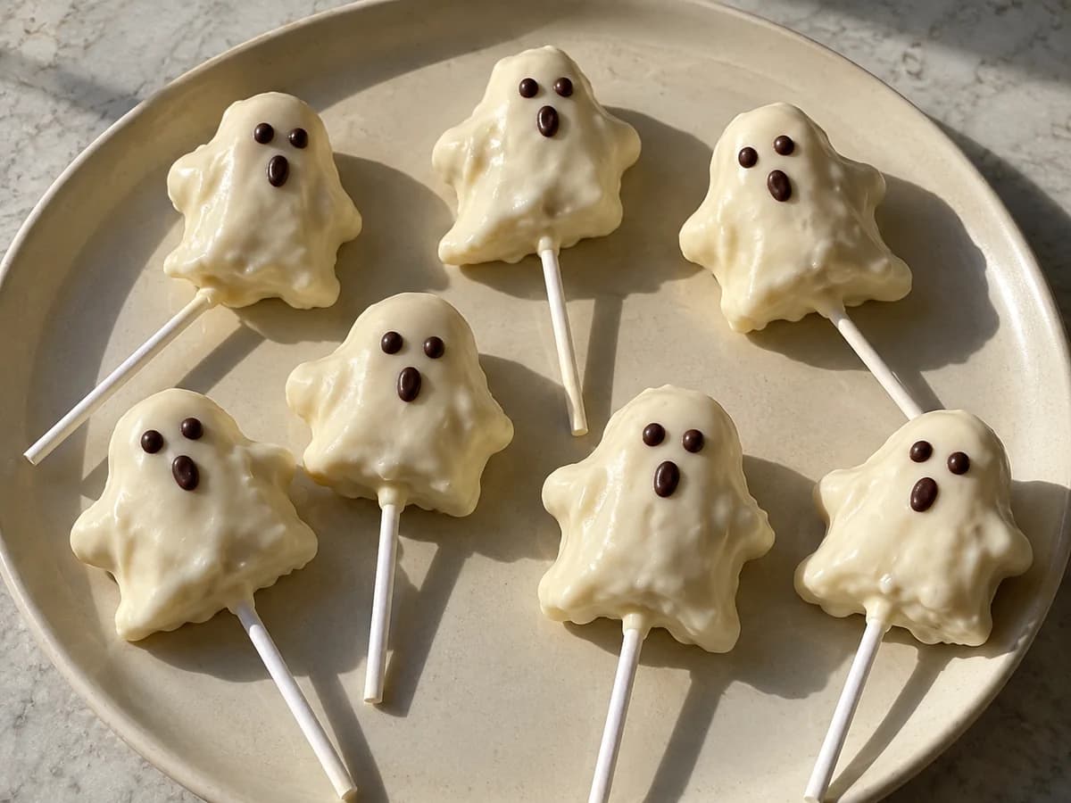Vita spökformade cake pops på pinnar med små mörka chokladögon och ojämn handgjord chokladyta