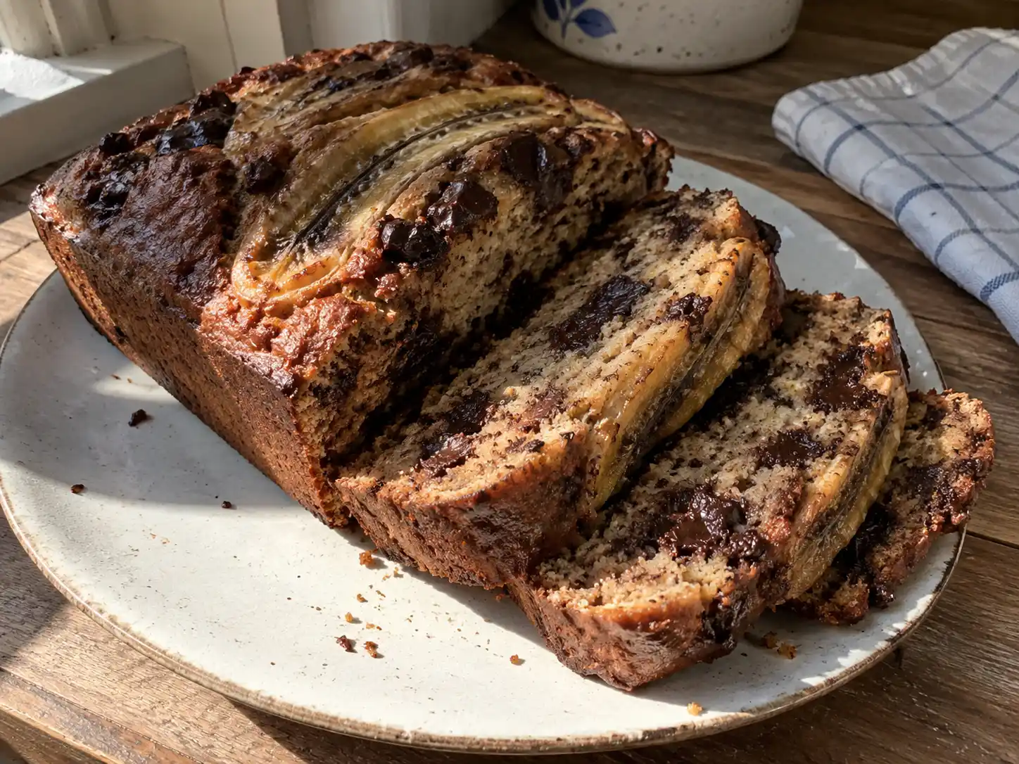 Bananbröd med choklad i skivor med saftig smula, mörka chokladbitar och gyllenbrun yta