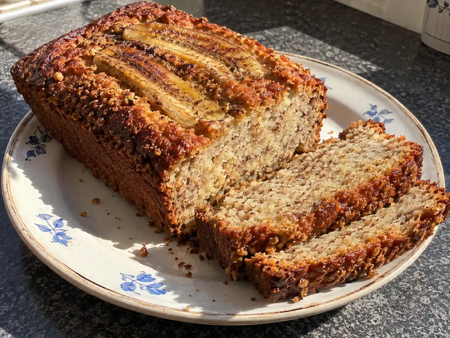 banankaka saftig med gyllenbrun yta, bakad banan på toppen och mjuk, fuktig smula i skurna bitar