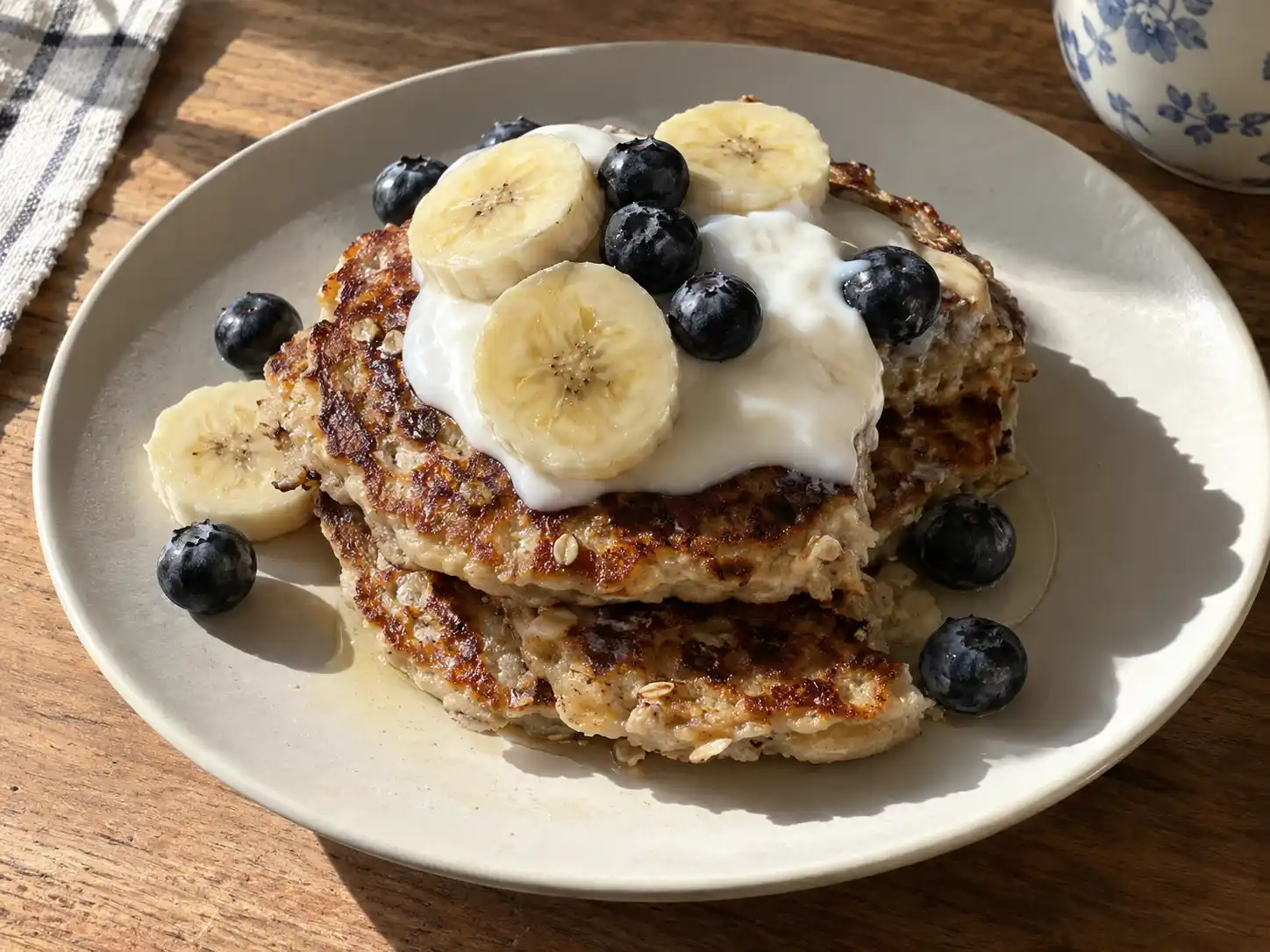 bananpannkaka havregryn med gyllene yta, bananskivor, blåbär och yoghurt på en enkel tallrik