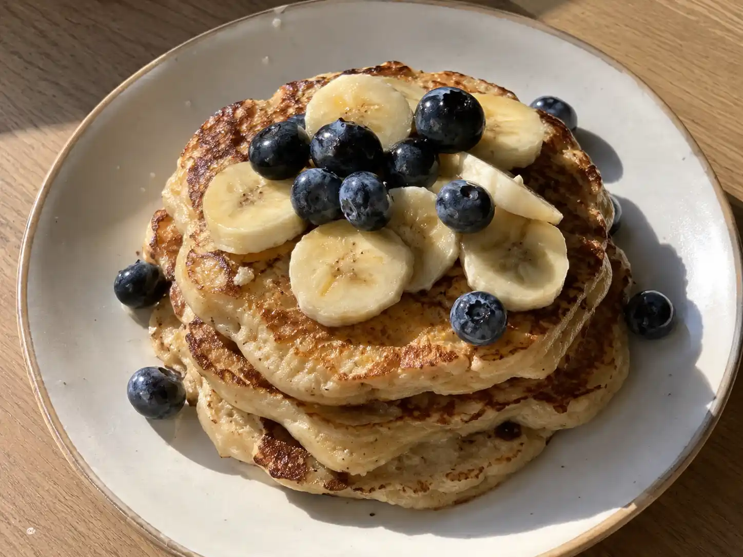 bananpannkaka med gyllene yta, skivad banan och blåbär på en enkel ljus tallrik i morgonsol