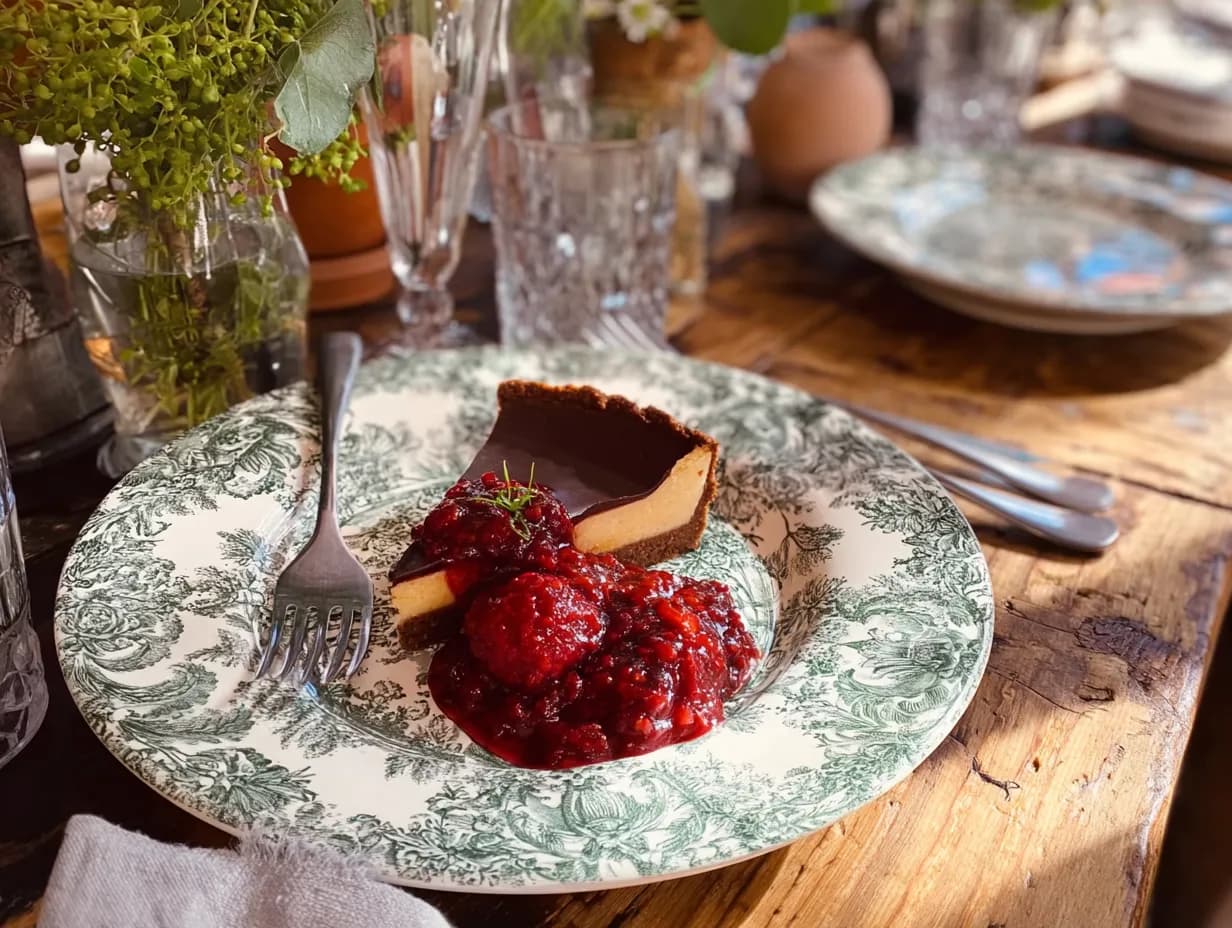 Baskisk cheesecake med bränd yta serverad med rårörda bär