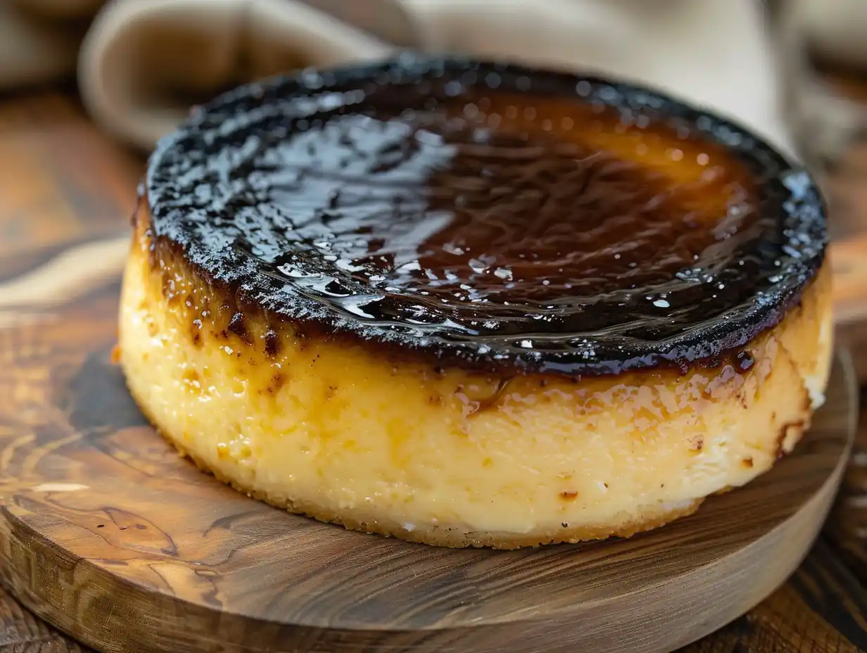 basque cheesecake med mörkgräddad yta och krämigt mittenparti serverad på fat i enkel hemmamiljö.