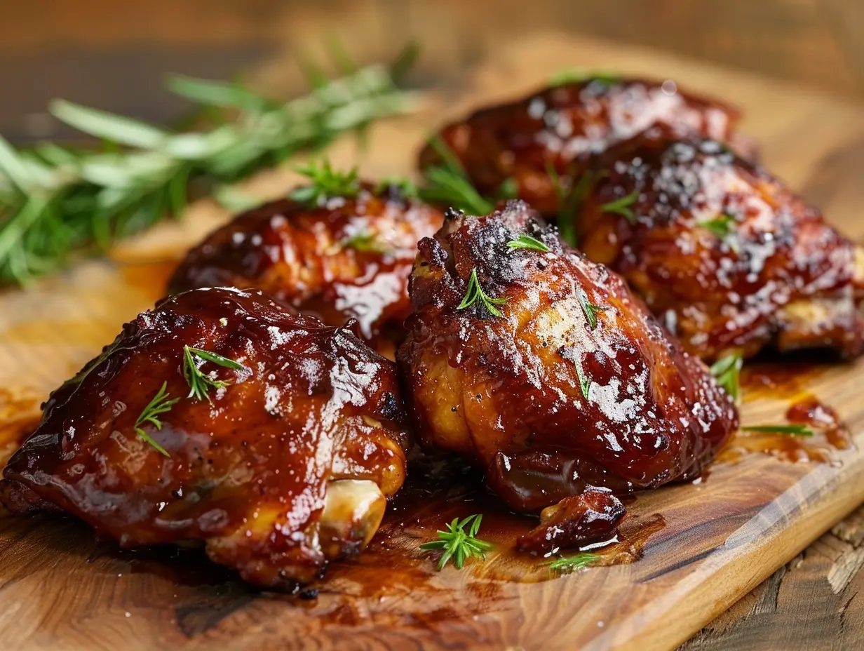 Kladdiga BBQ-glaserade kycklinglår på ett fat, toppade med färska örter.