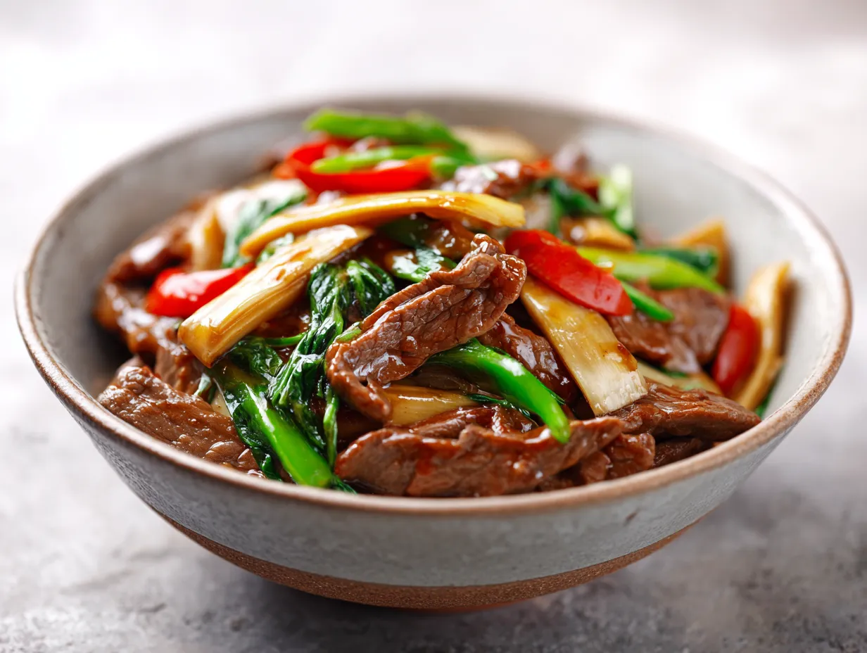 Biff med bambuskott kinesiskt i wok med mör biff, purjolök och mustig sås serverad med ris.