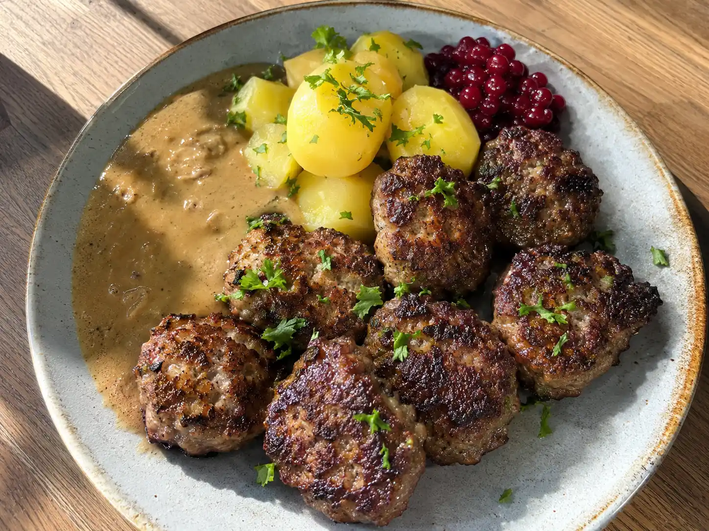 biffar köttfärs med brynt stekyta, persilja, kokt potatis, gräddsås och lingon på en enkel tallrik