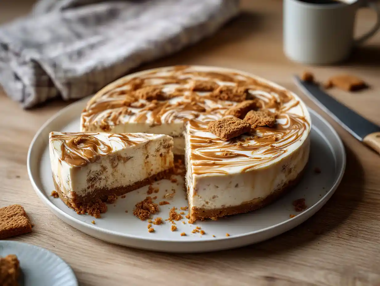 biscoff cheesecake med knaprig kexbotten och swirl av biscoffspread ovanpå, serverad på vitt fat i mjukt dagsljus