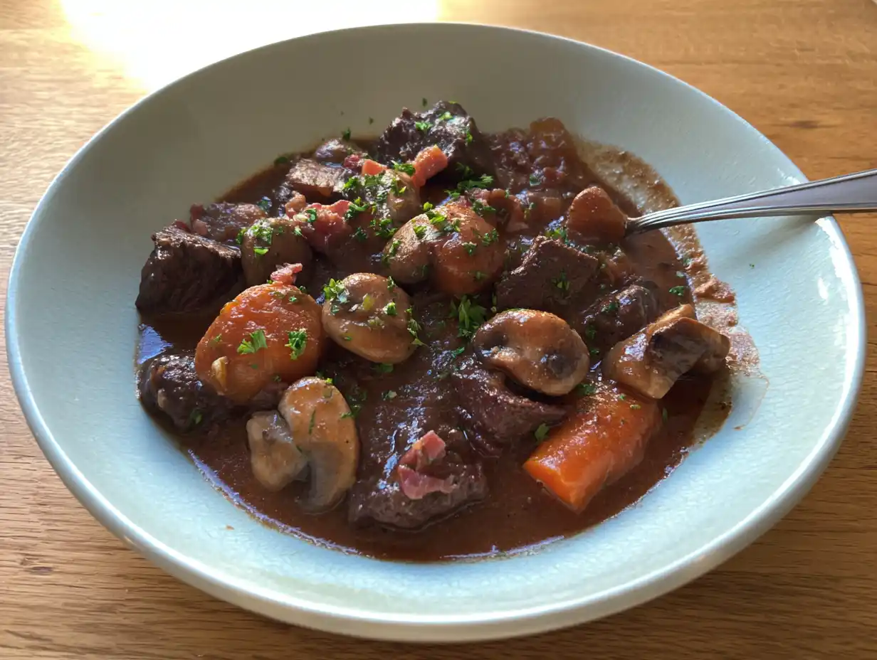 bœuf bourguignon i djup tallrik med mört nötkött, små lökar, morot och blank mörk sky serverad varm.