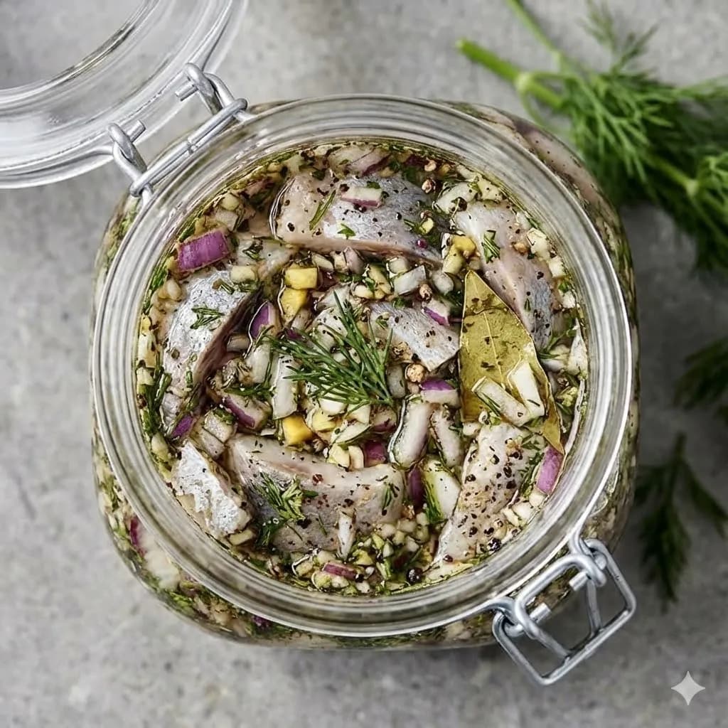 En glasburk fylld med hemgjord brantevikssill varvad med rödlök, dill och kryddor på ett rustikt träbord.