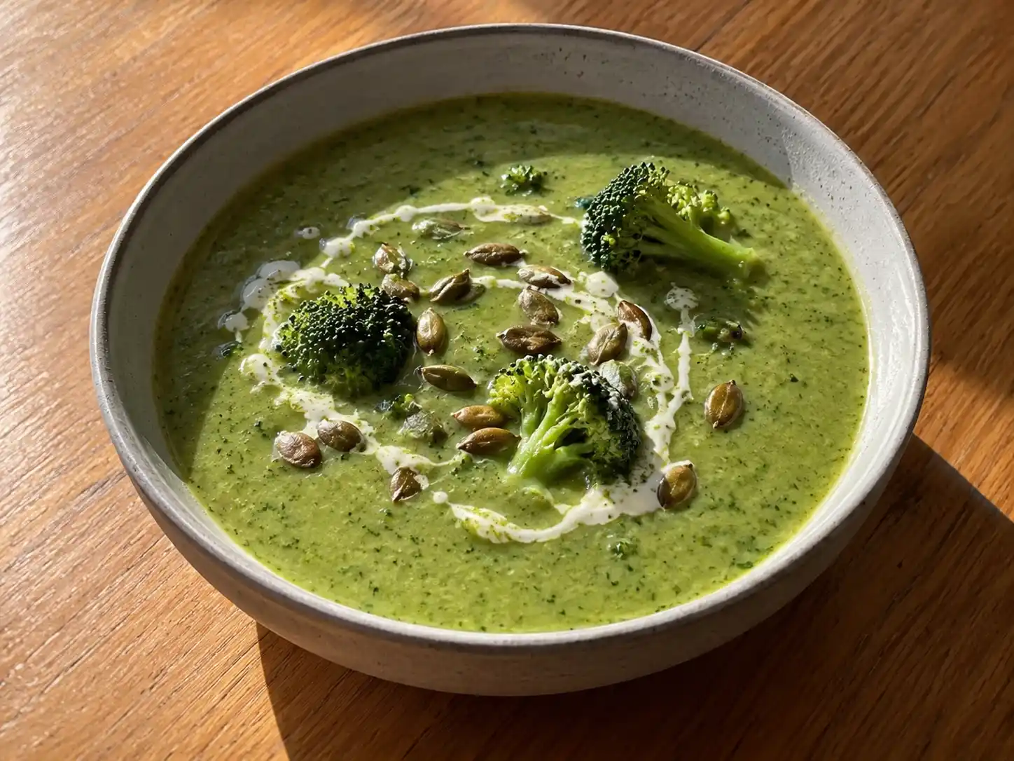 broccolisoppa i skål med grön, len yta, små broccolibuketter och rostade pumpakärnor på toppen