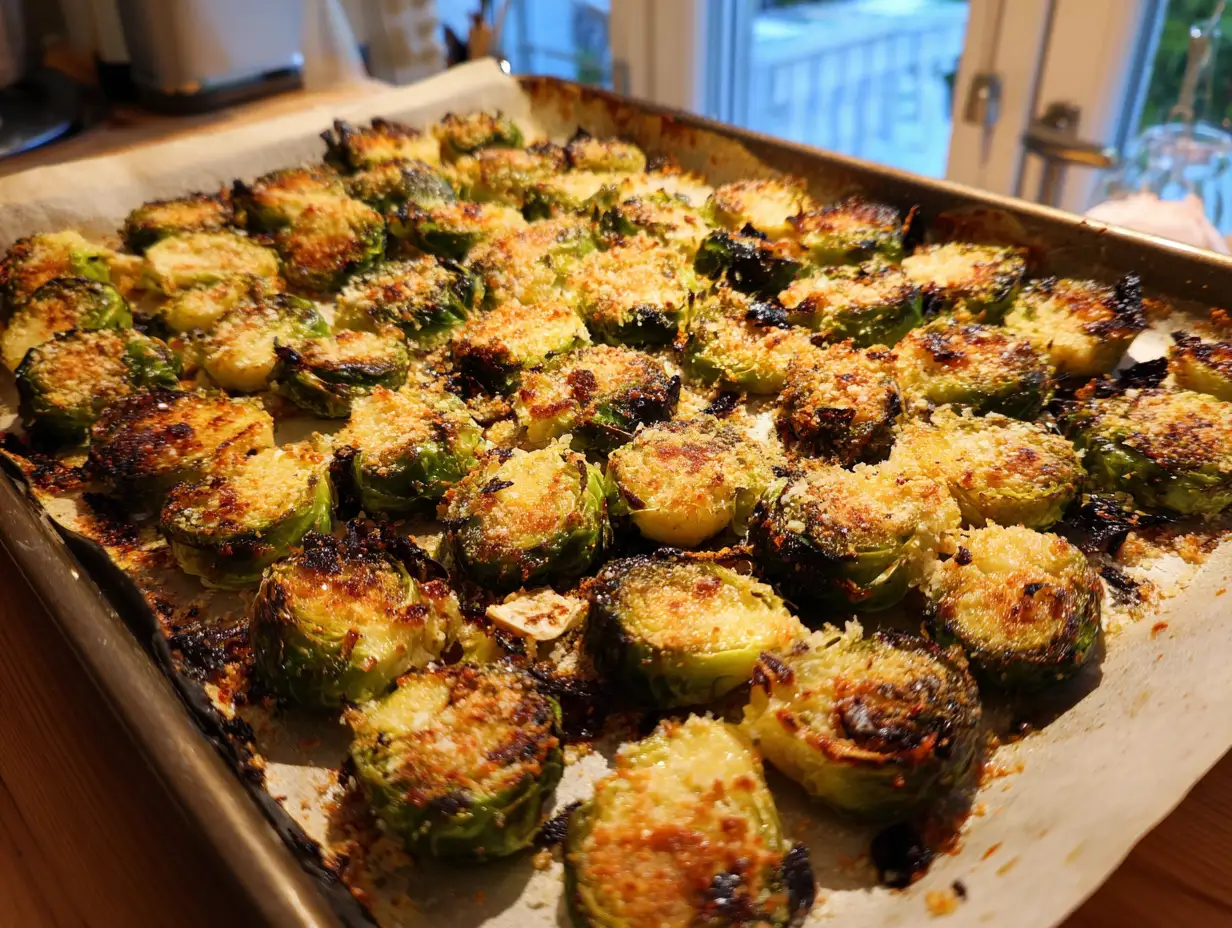 brysselkål i ugn på ugnsplåt med knapriga mörka kanter, smält parmesan och vitlöksklyftor runt om