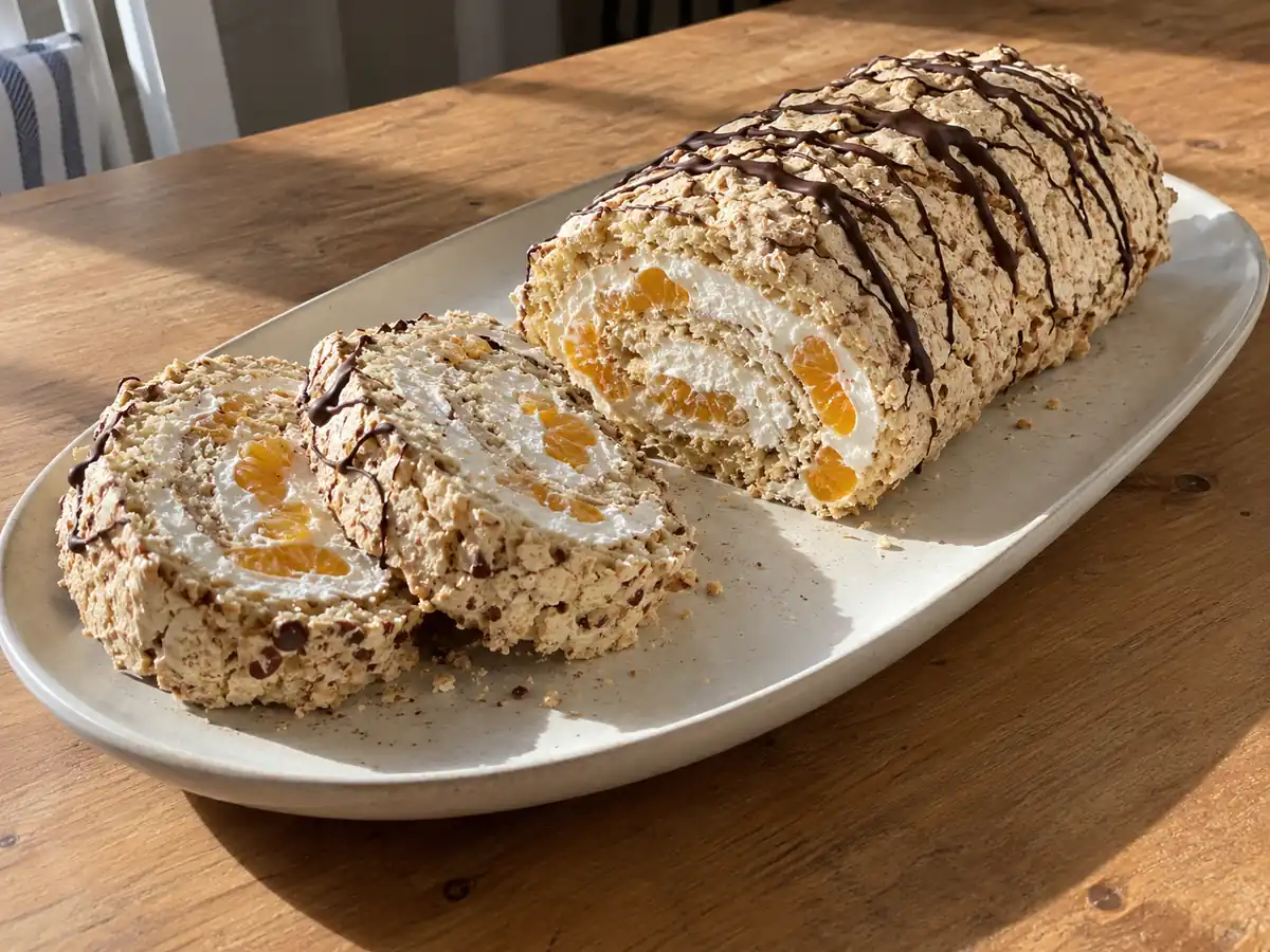 budapestrulle med nötig maräng, vit grädde och orange mandariner i snittytan samt tunna chokladstråk.