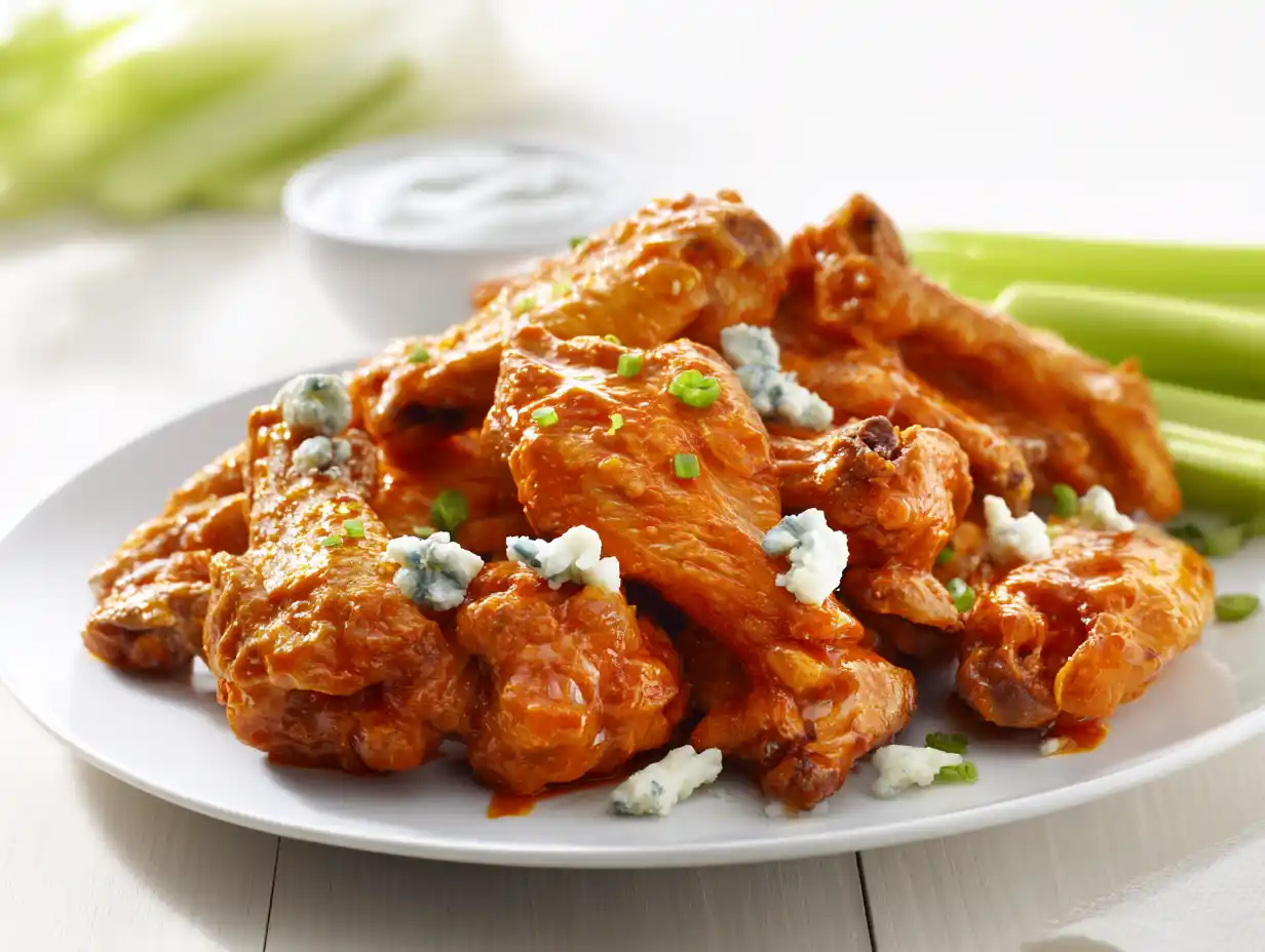 buffalo hot wings på tallrik med glansig het sås, bluecheesedipp och bitar av selleri vid sidan.