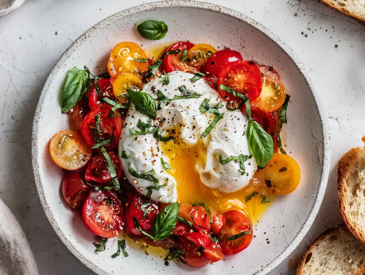 burrata med tomater på fat med färska tomater, basilika, olivolja och svartpeppar i dagsljus.