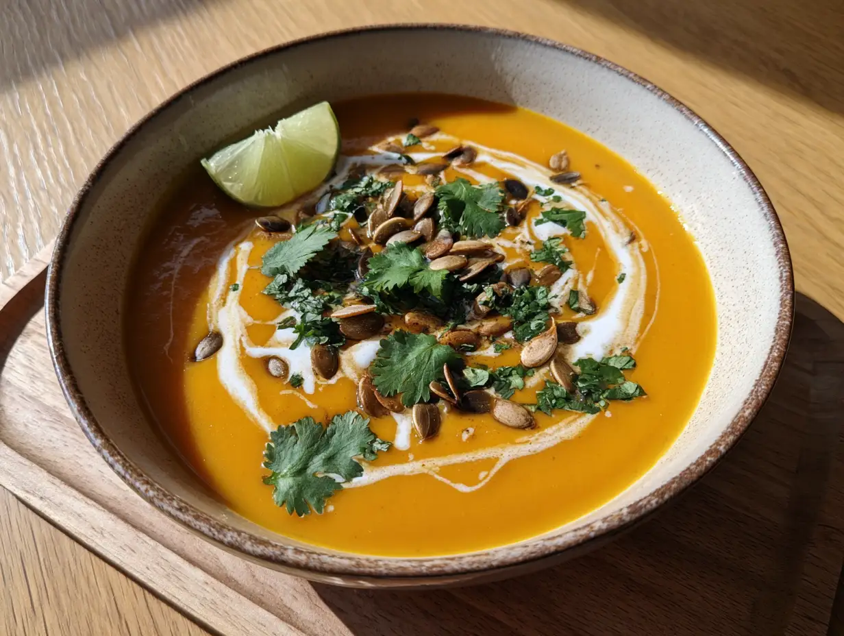 butternut squash soppa i djup skål med kokosmjölk, rostade frön och färsk koriander i naturligt ljus