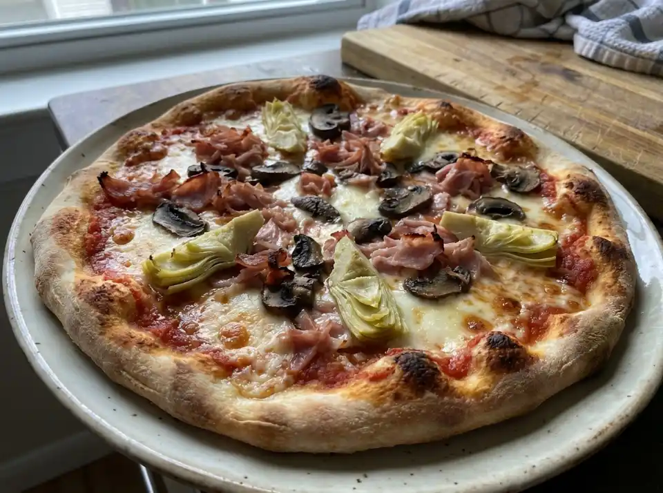 capricciosa pizza med tomatsås, riven ost, skinka, champinjoner och kronärtskocka på gyllene botten