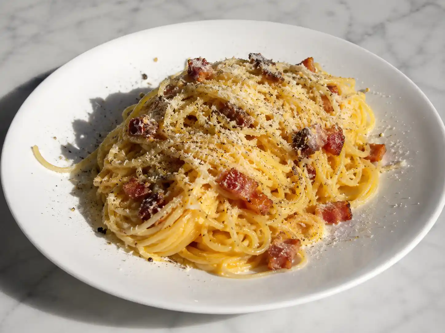 carbonara pancetta med spaghetti, blank äggsås, knaprig pancetta, riven ost och svartpeppar