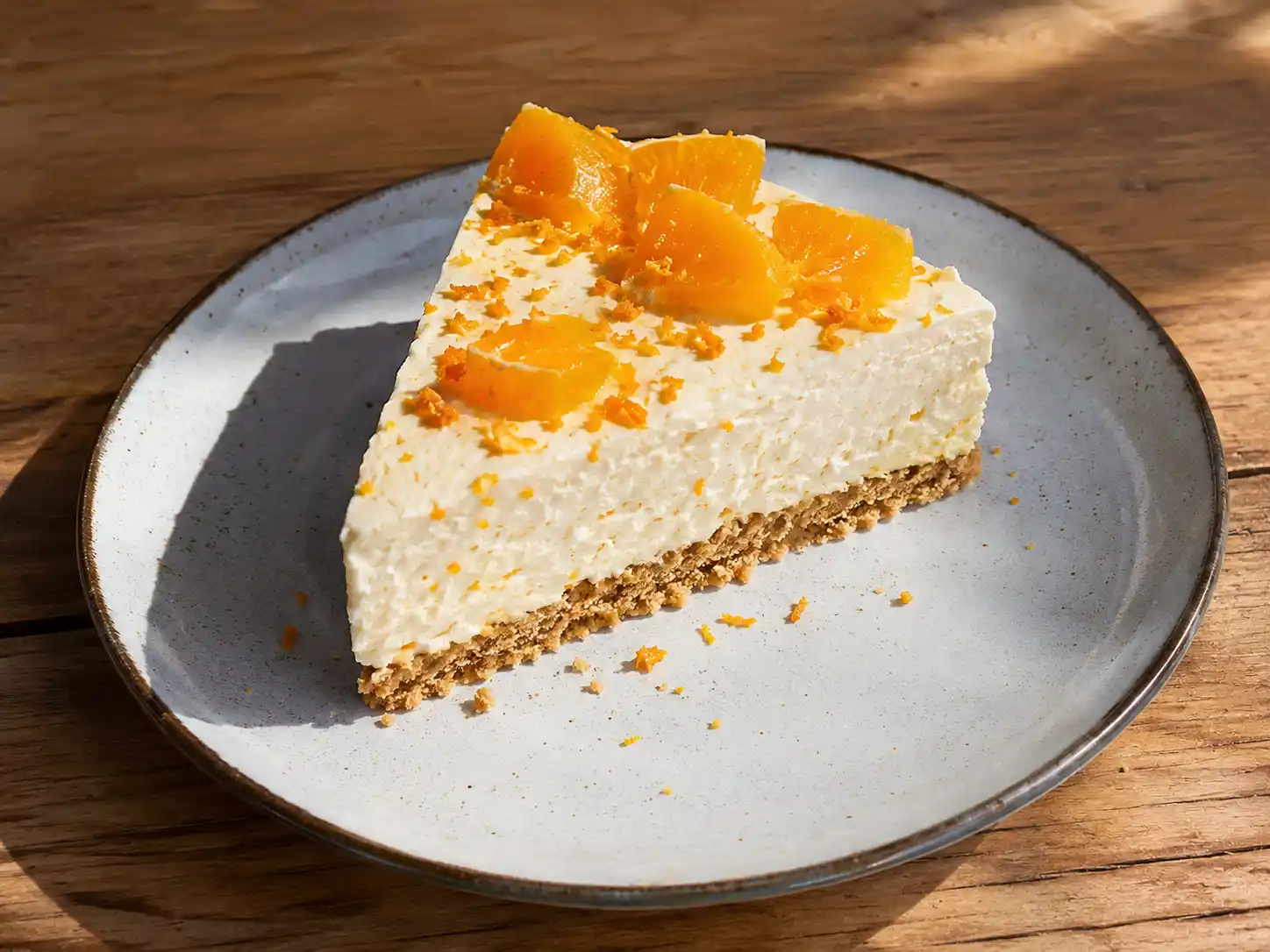 cheesecake apelsin på tallrik med krämig fyllning, spröd kexbotten och rivet apelsinskal ovanpå