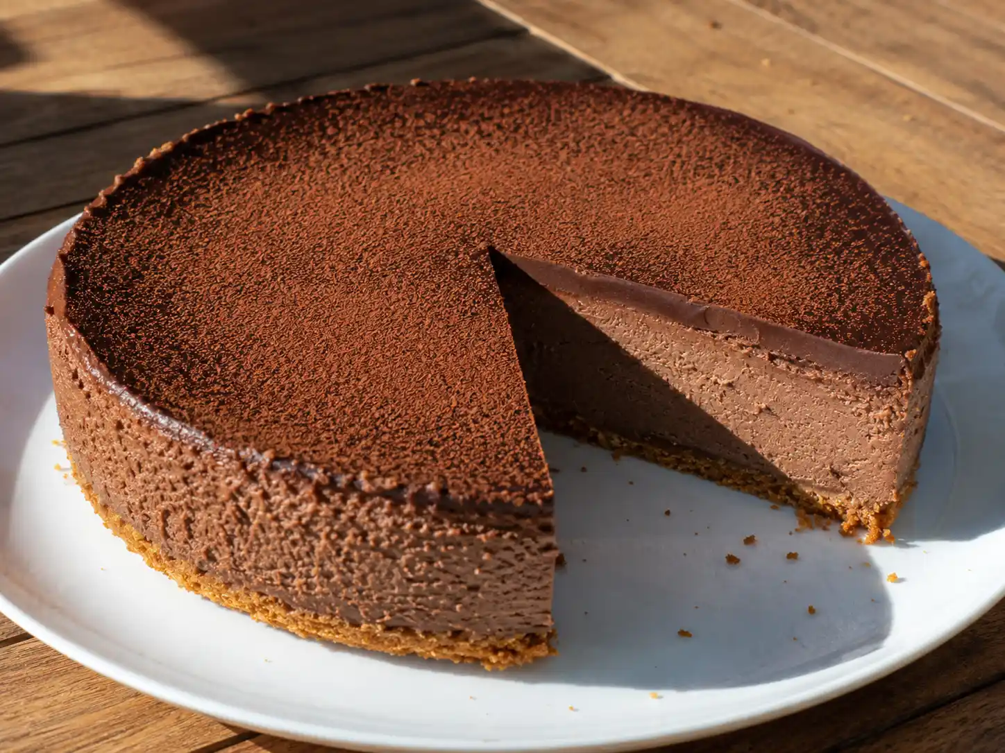 cheesecake choklad på vit tallrik med mörk krämig fyllning, spröd kexbotten och skurna bitar