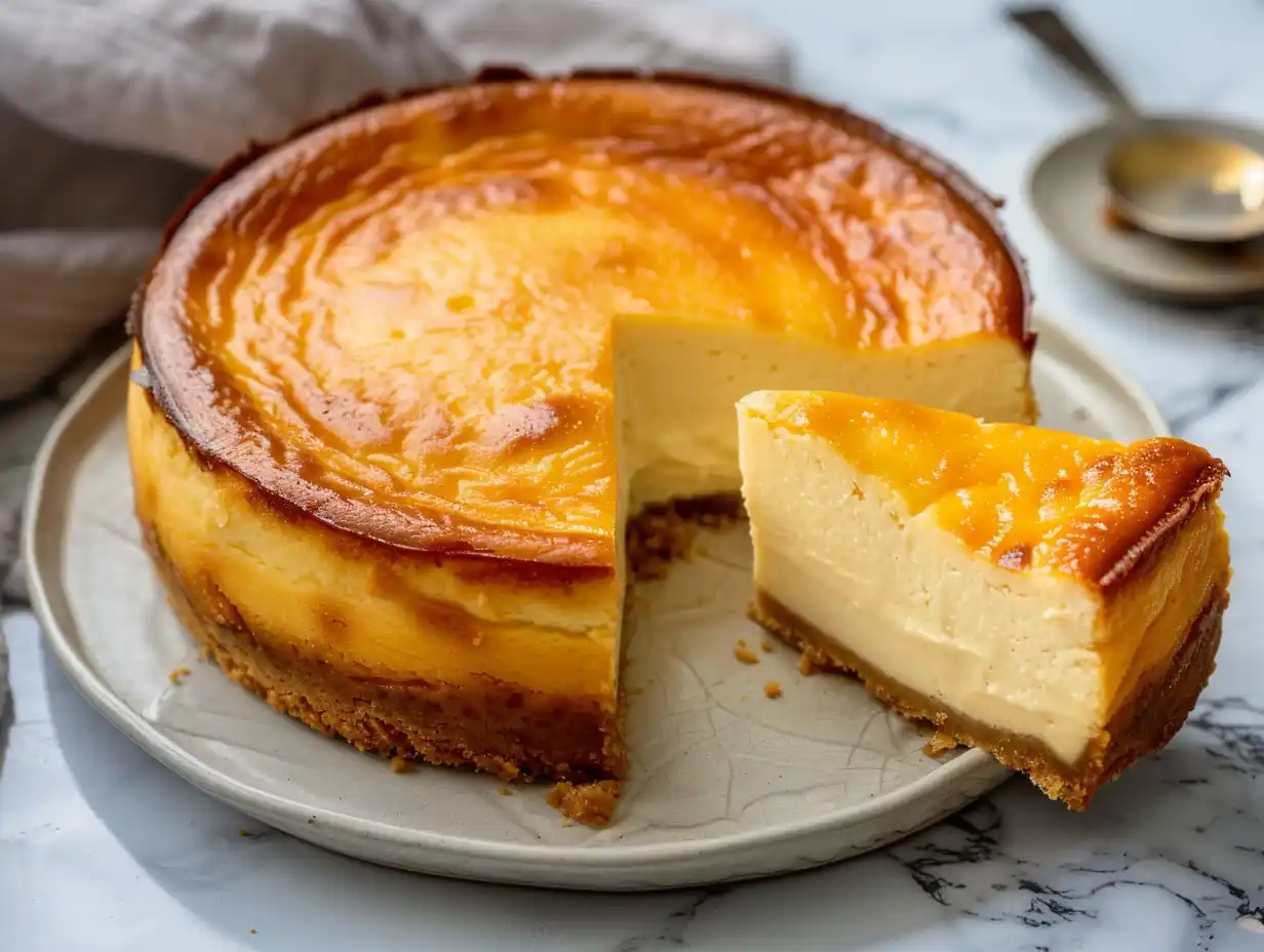 cheesecake glutenfri på fat med ljus botten, krämig fyllning och lätt gyllene yta i enkelt kök