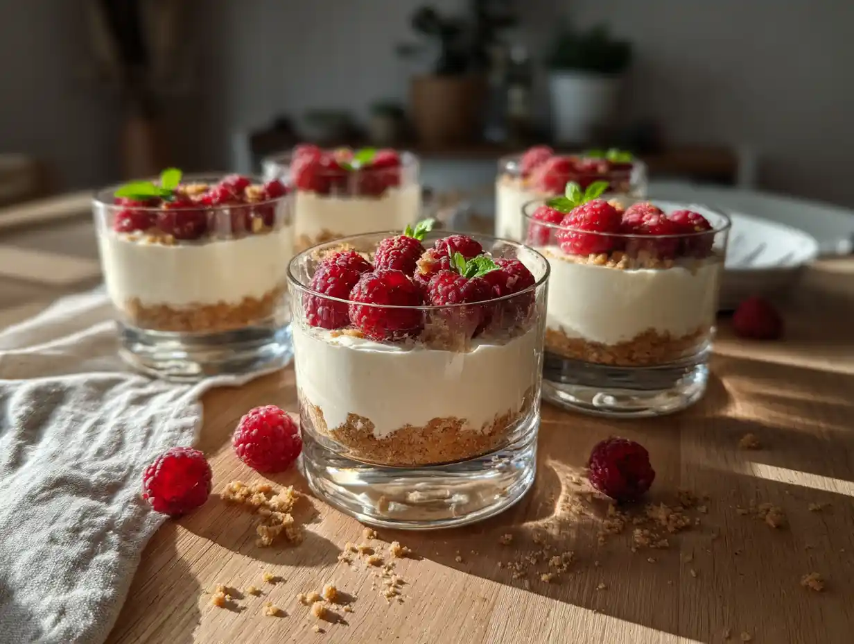 Cheesecake i glas med smulad kexbotten, krämig fyllning och färska hallon serverade på träbord
