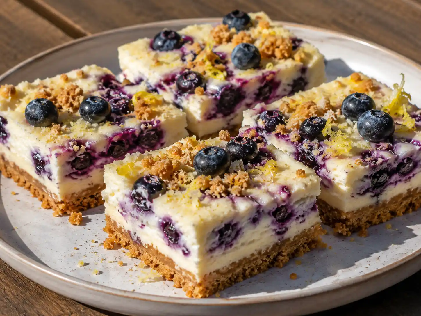 cheesecake långpanna i rutor med blåbär, krämig vit fyllning och smulig digestivebotten
