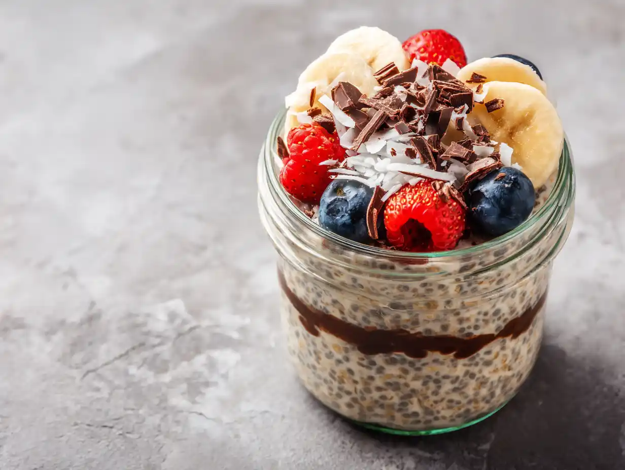 Chiapudding med havregryn i glas med krämig konsistens, toppad med bär, choklad och kokos